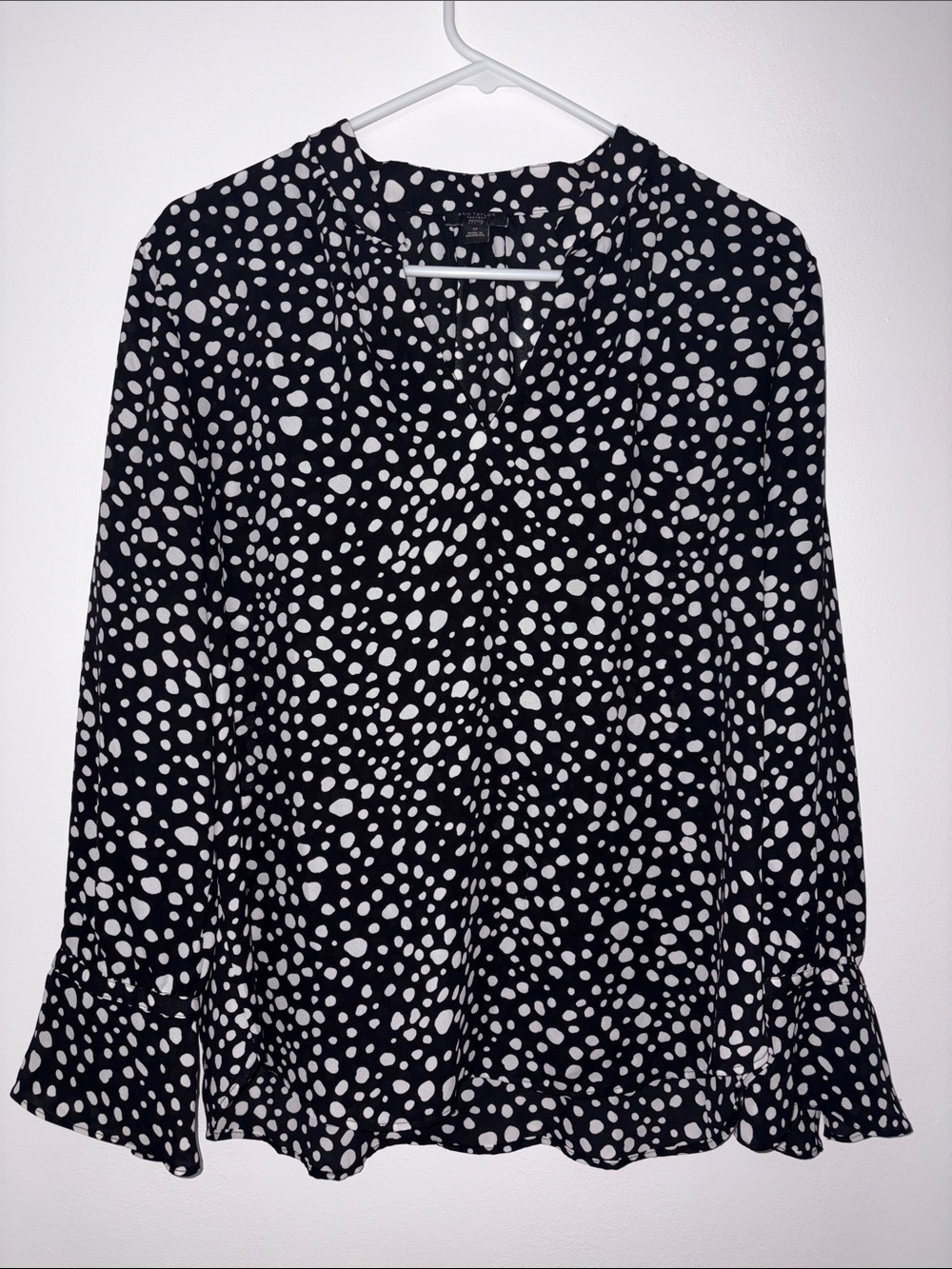 Ann Taylor Black Blouse with White Dot Print